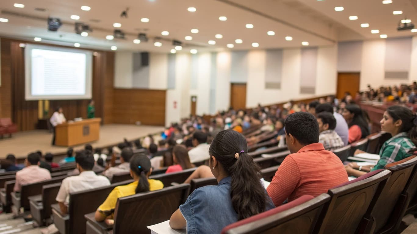 A tiered university lecture theatre during a class.
