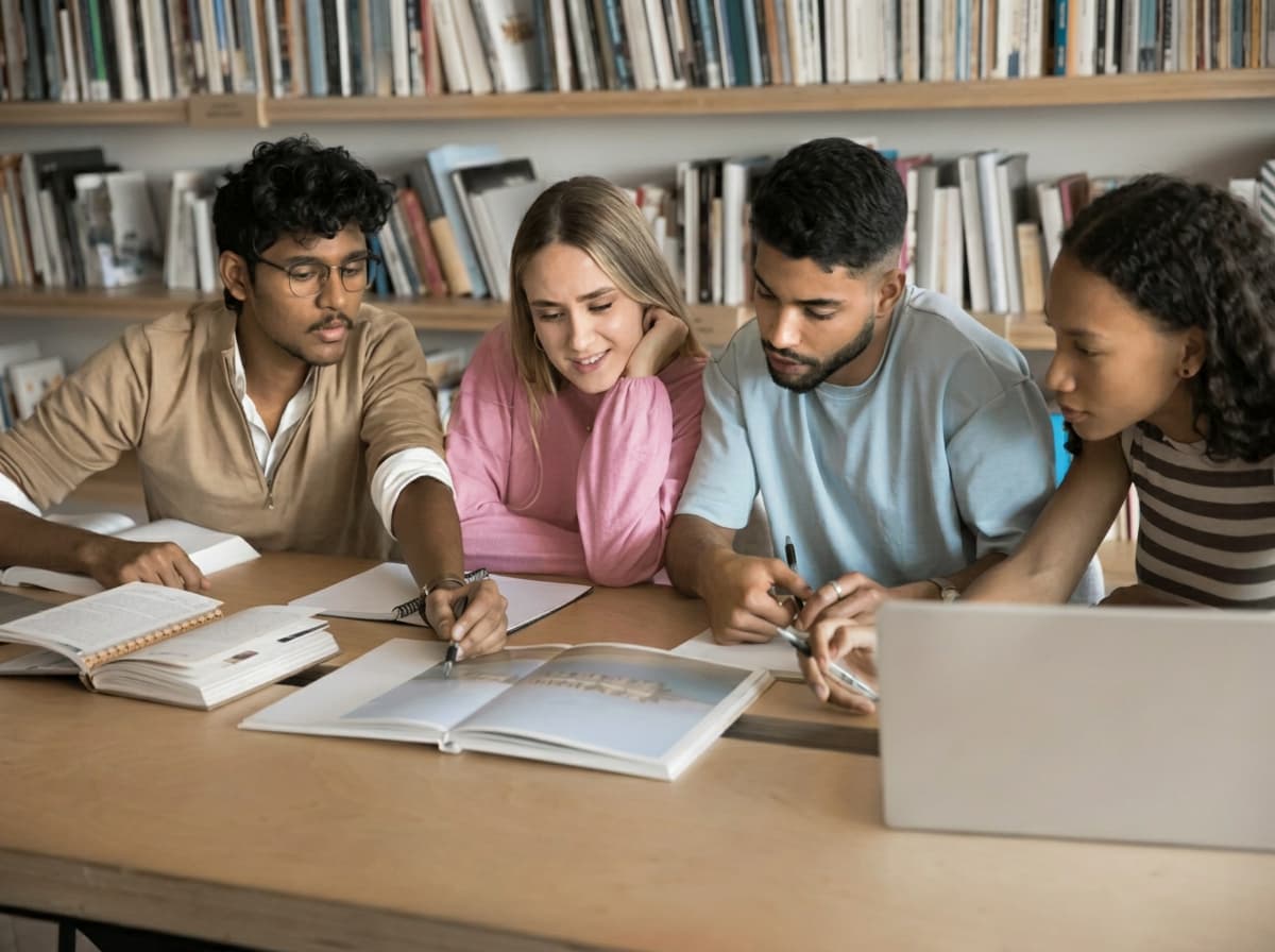 A study group working together around a library table.