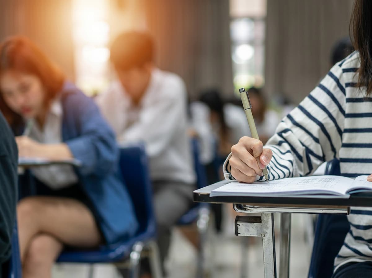 Close detail of a hand writing notes in a notebook during a lecture.