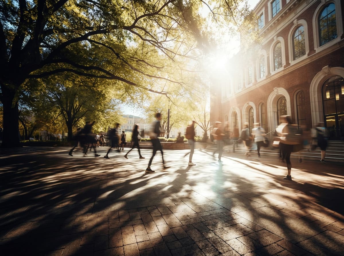Students crossing a campus path under a large tree in bright summer sun.