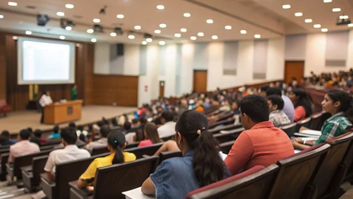 Hundreds of students seated in a raked auditorium facing a speaker and projector screen.