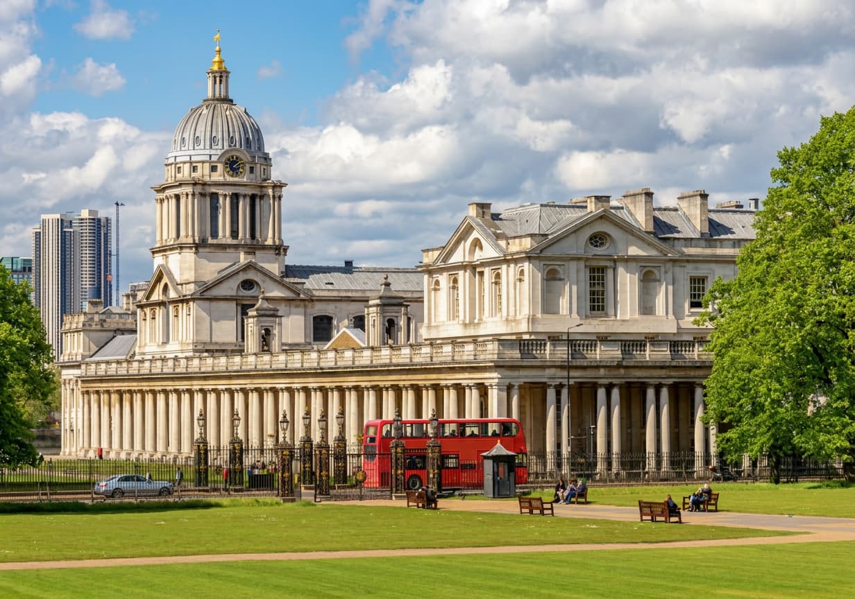 The colonnade and dome of the Old Royal Naval College in Greenwich, London.