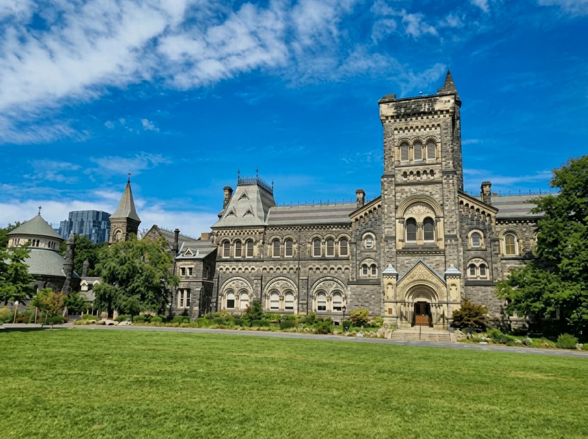 A grey stone gothic university hall with a tower, seen across an open green lawn.