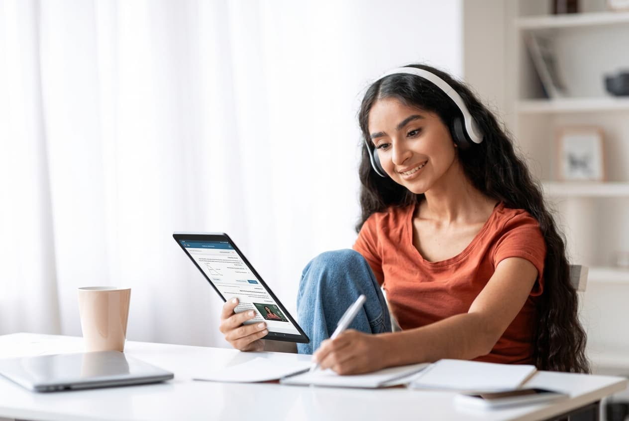 A student checking in and taking notes at her desk.
