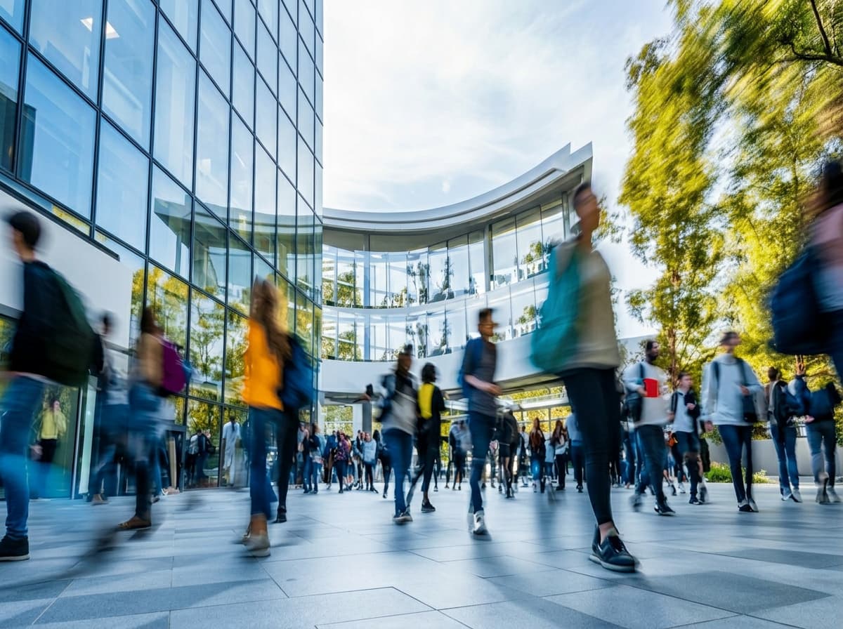 Students crossing a plaza beside a modern glass campus building.