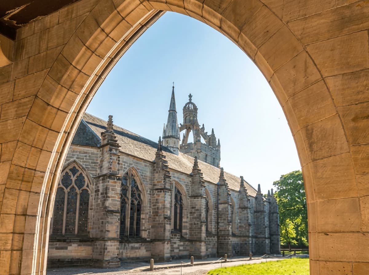 A university chapel and crown steeple framed through a honey-coloured stone archway.
