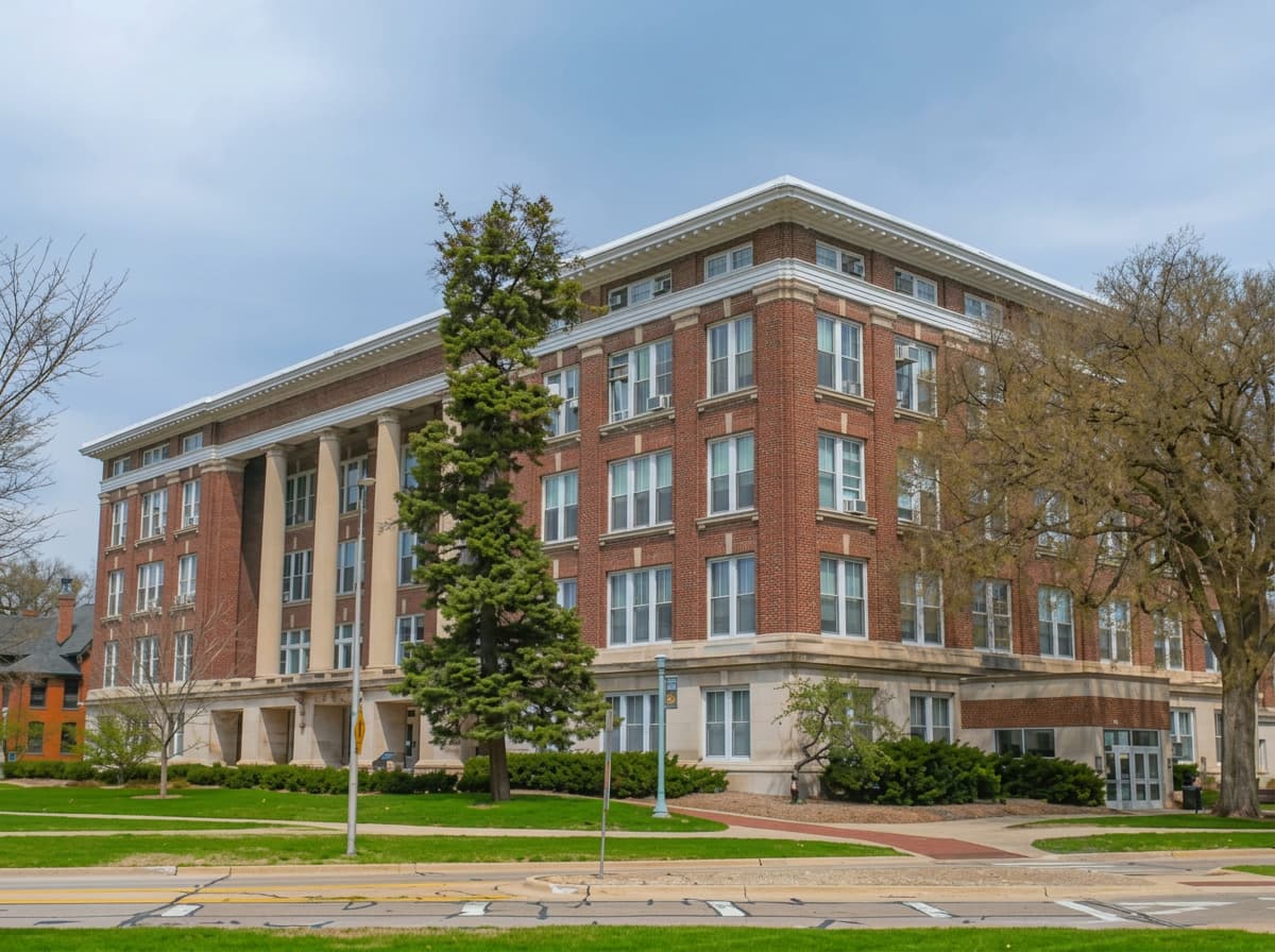 A red-brick faculty building with a tall columned portico on a spring afternoon.