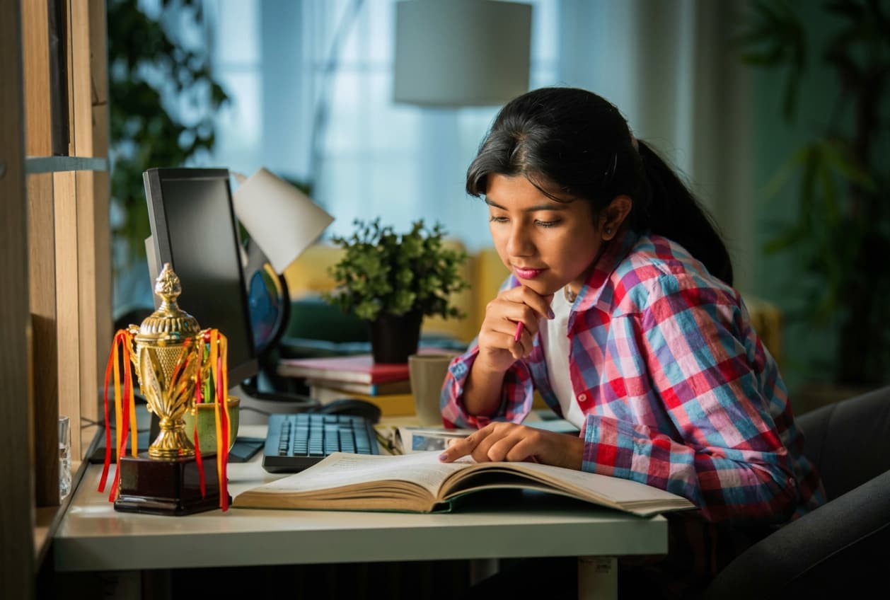 A student reading an open textbook at a home desk under warm lamplight.