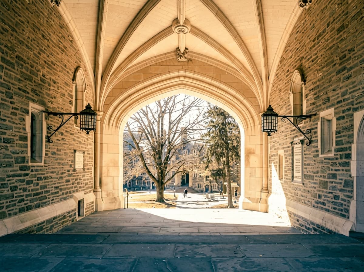 A vaulted stone archway opening onto a sunlit university quadrangle.
