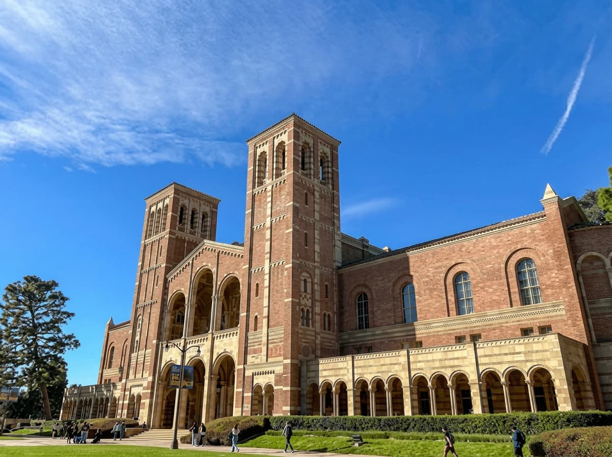 Twin brick and stone towers above a university arcade, with students walking past.
