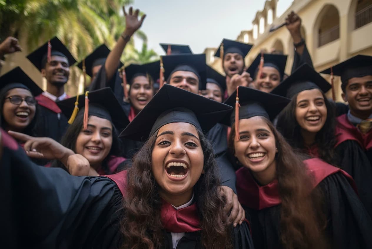 A group of graduates in caps and gowns cheering with arms raised.