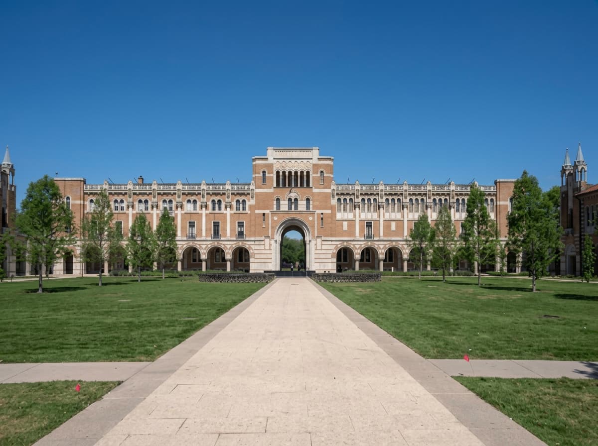 A straight paved avenue leading to the central arch of a long university building under a deep blue sky.