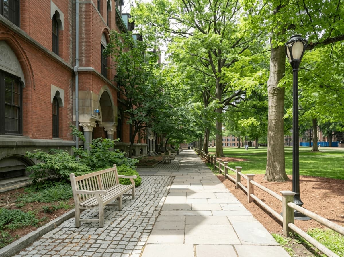 A quiet paved campus path beside a brick faculty building, with a wooden bench under summer trees.