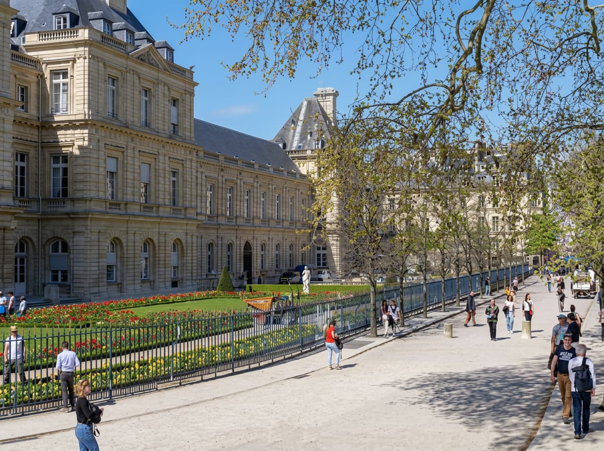 Students walking through the tree-lined gardens of a grand European palace in spring.