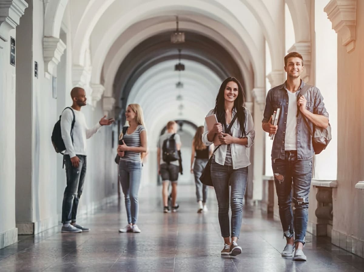 Two students walking together through a bright, arched university cloister.