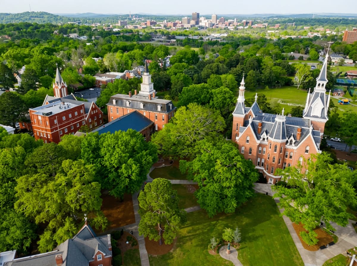 A university campus seen from above, red-brick halls and white spires among summer trees.