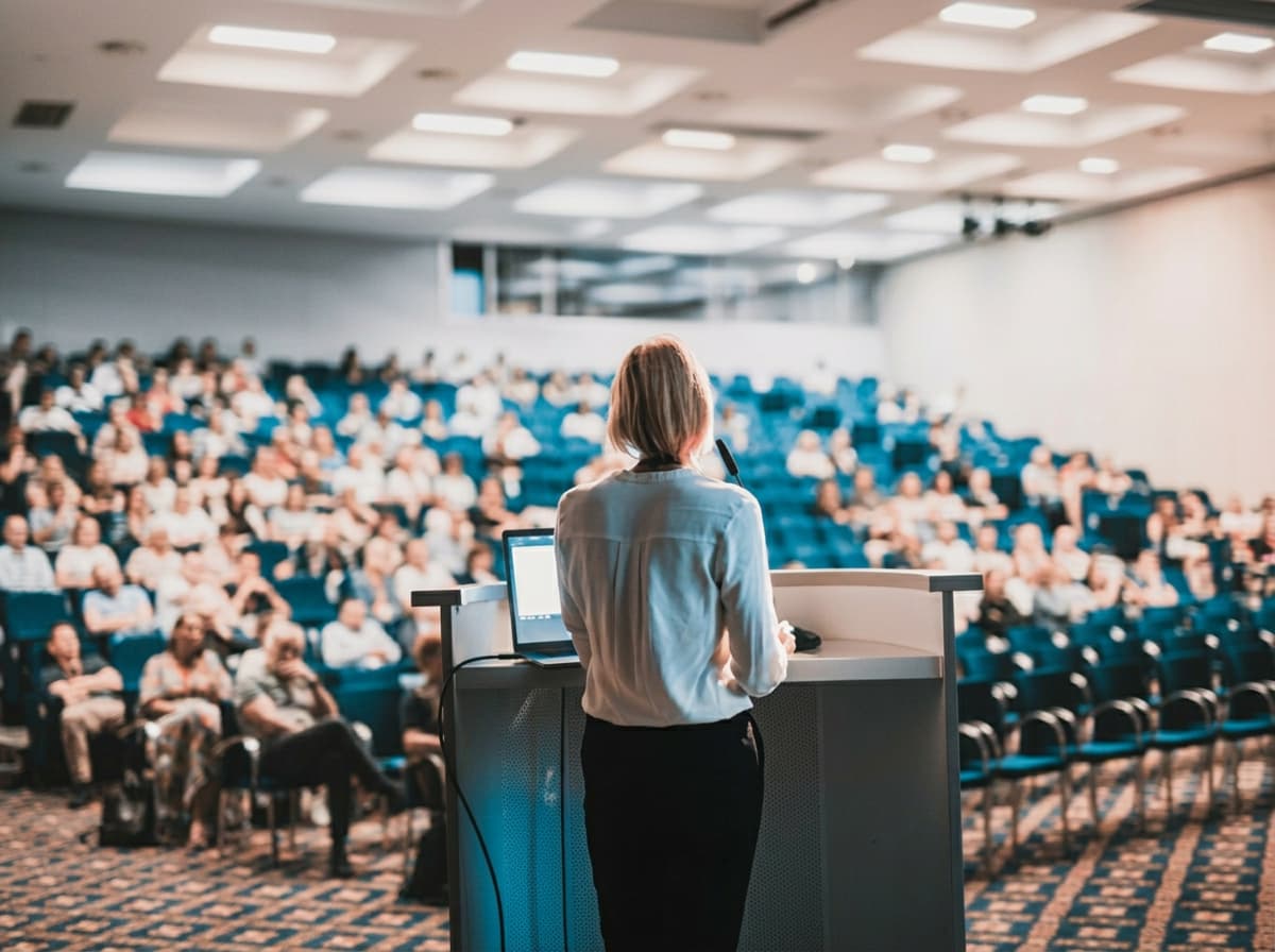 A speaker presenting from a lectern to an audience in a lecture theatre.