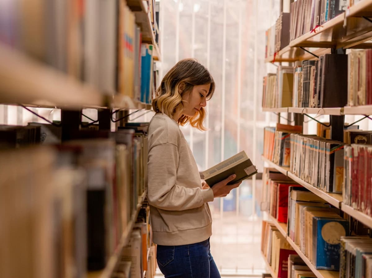 A student reading independently between tall library shelves.