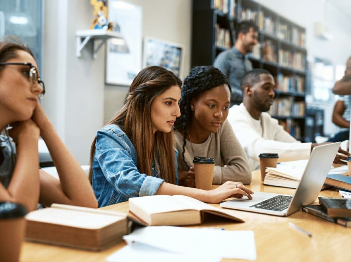 Students working together on a laptop at a university library table.