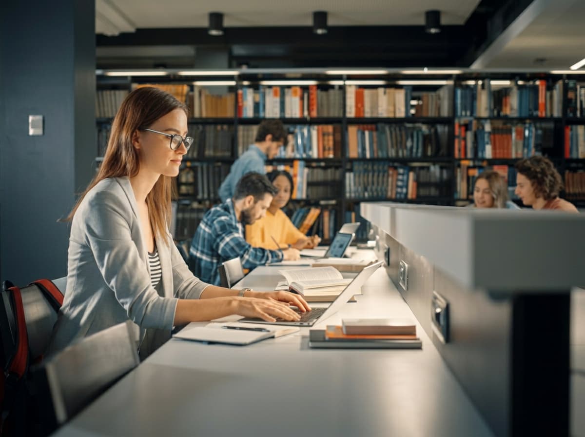 A student working on a laptop at a desk in a modern university library.