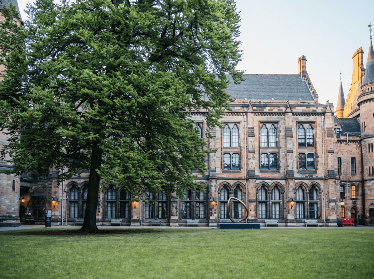 A gothic university quadrangle at dusk, its windows lit gold behind a large tree.