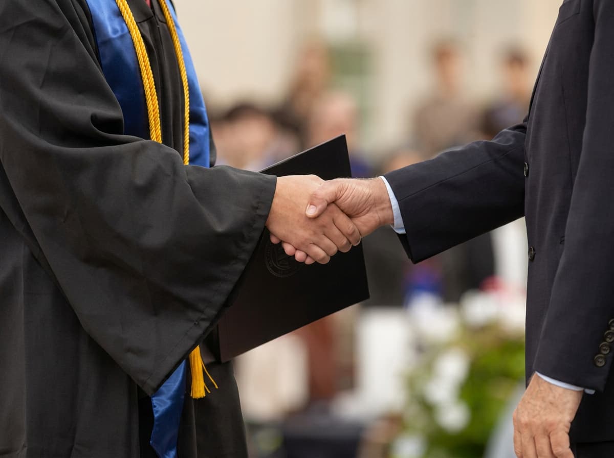 A graduate in cap and gown shaking hands while receiving a degree certificate.